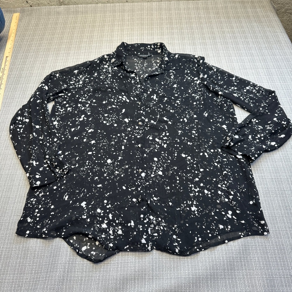 Rock Republic Black White Splatter Print Button Up Shirt Large Sheer Edgy Grunge